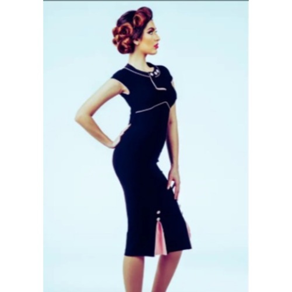 Stop Staring! Black Wiggle Dress Soft Pink Trim XL Vintage Pin-Up Midi - Picture 8 of 16
